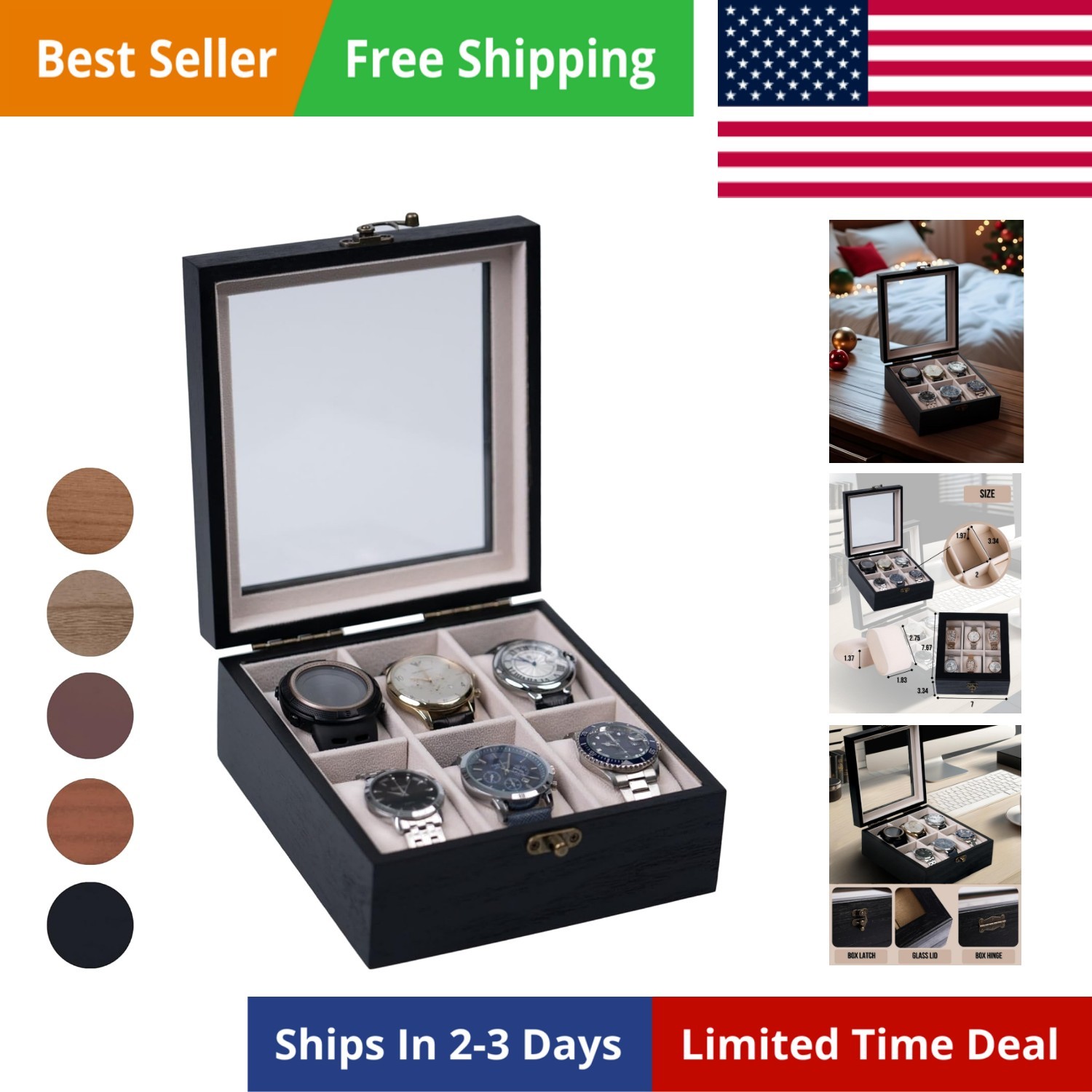 Watch Box, Watch Case for Men Women with Large Glass Lid, Wooden Watch Displa...