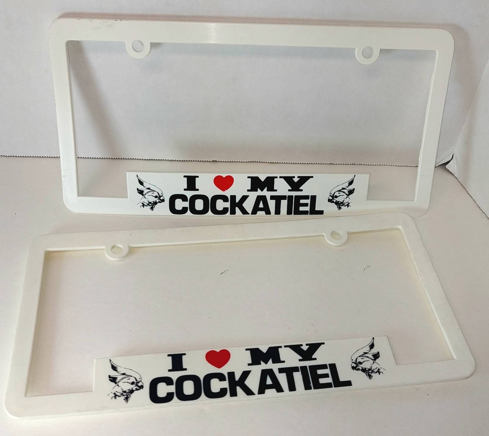 COCKATIEL LICENSE PLATE FRAME (2 Frames) NEW "I Love My Cockatiel" White Plastic