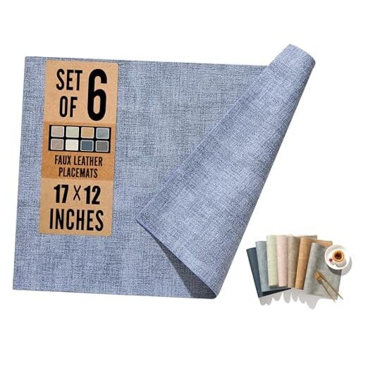 UnivoColors Faux Leather Placemat Set of 17" × 12" Double-Sided 6 Grey Blue
