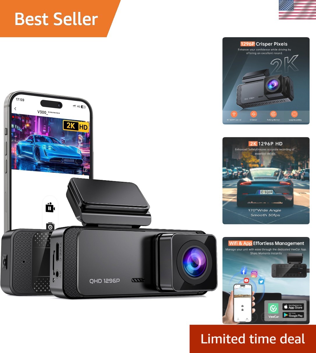 Mini WiFi Dash Cam 1296P with 24/7 Surveillance - Enhanced Night Vision Features