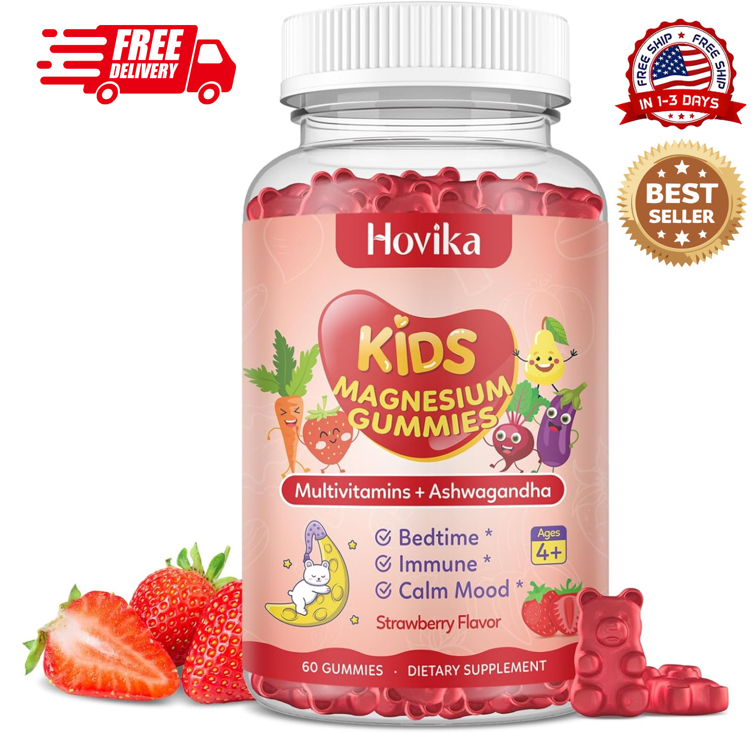 Kids Magnesium Gummies Glycinate L-Threonate Supplement Sleep Calm Focus 60ct