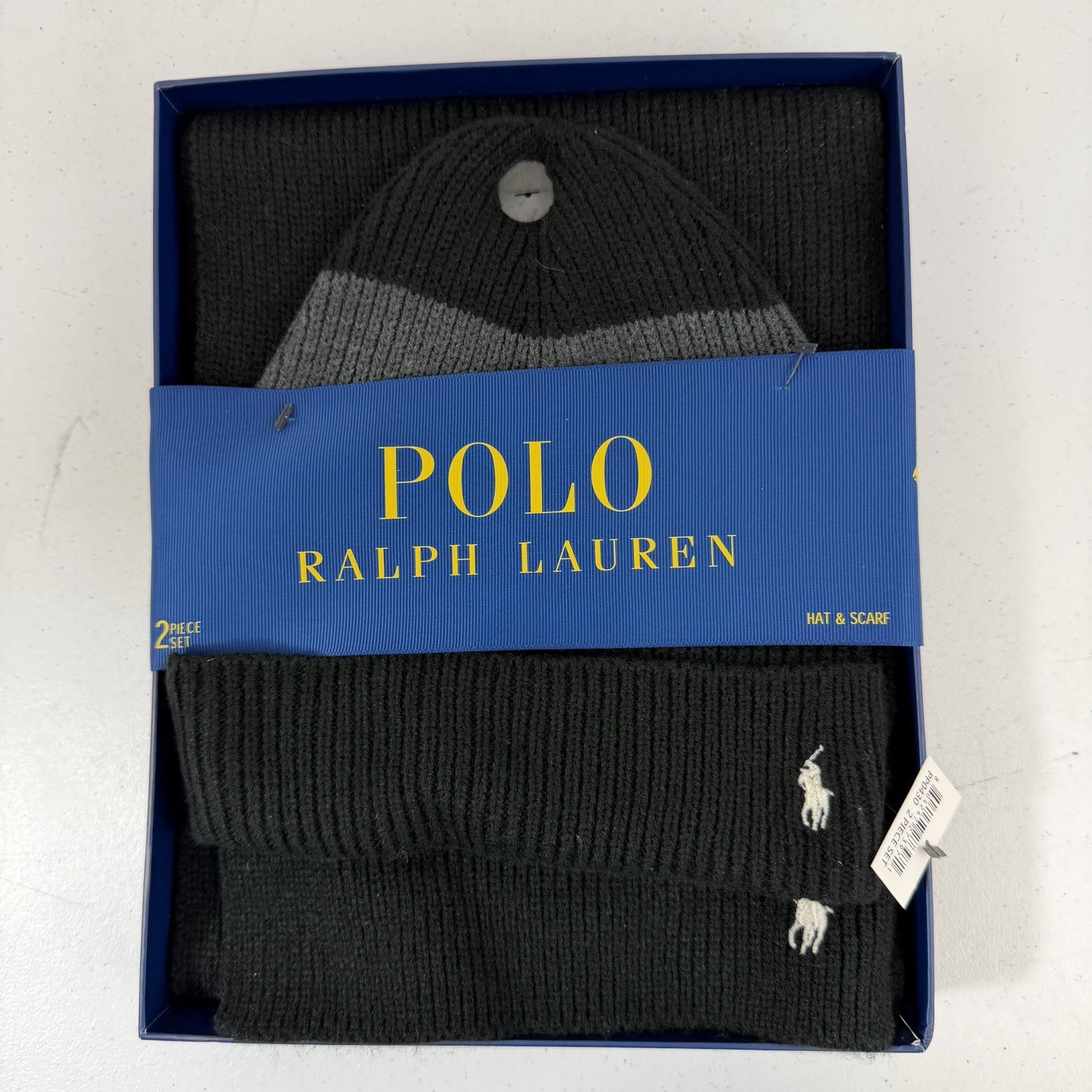 Polo Ralph Lauren Mens Beanie and Scarf 2-Piece Gift Set Black Grey PP0430 NEW