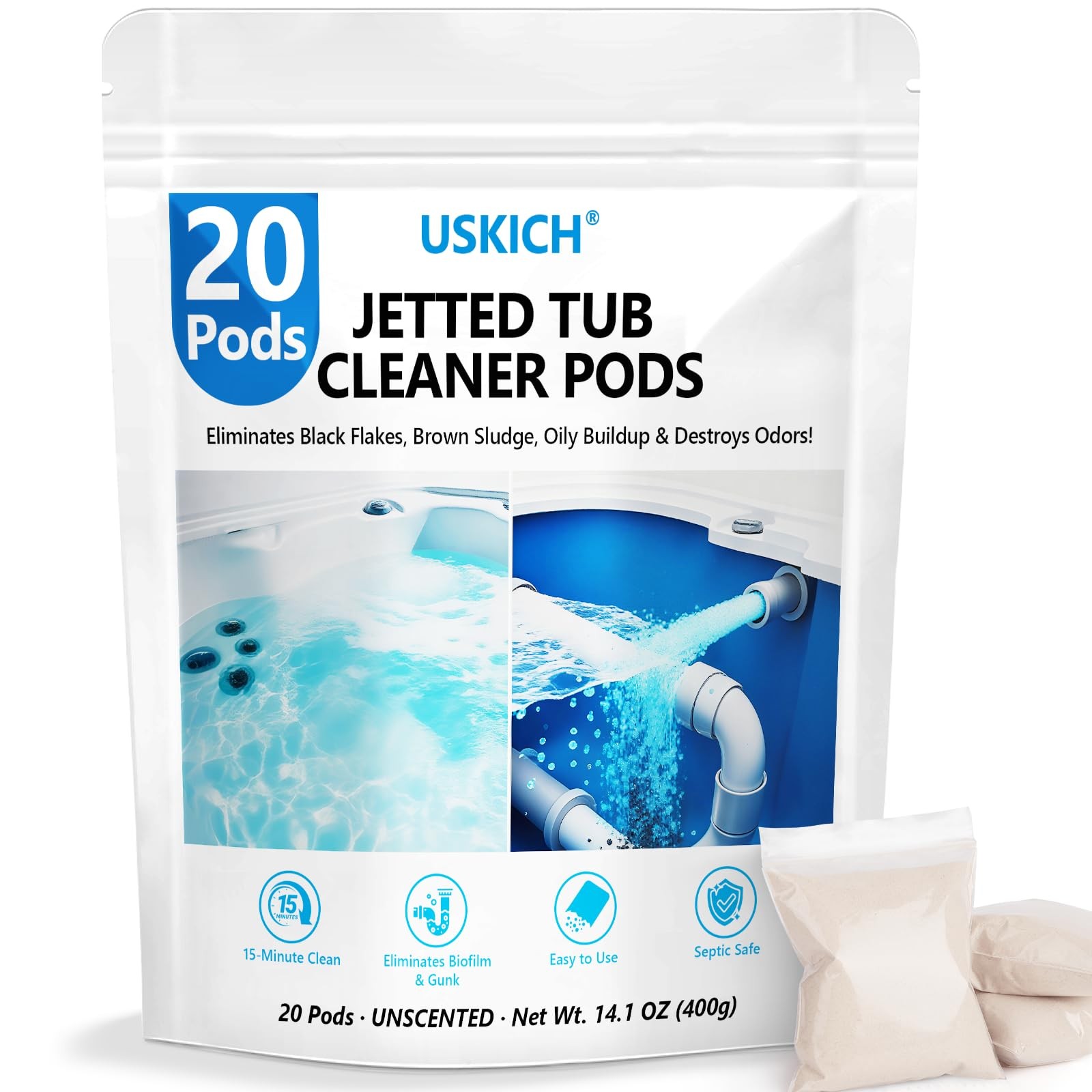 USKICH 20 Pods Jetted Tub Cleaner Bathtub- Jet Bathtub 1 Count (Pack of 20)