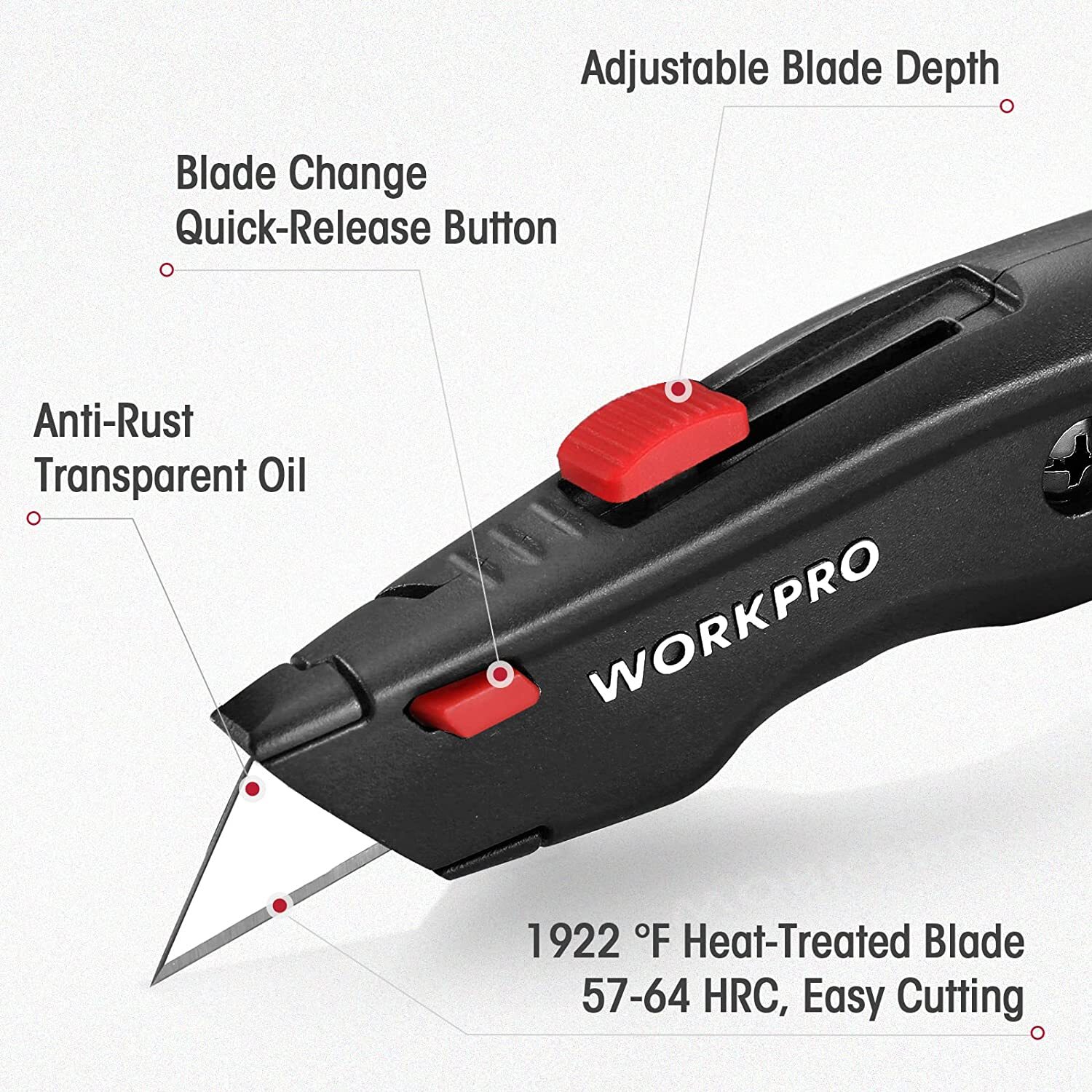 WORKPRO Premium Utility Knife w/10 Extra Blade Quick Change Blade Black/Blue/Red