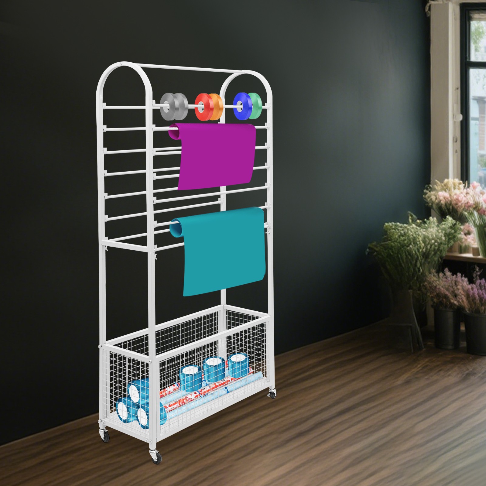 Double-Sided Ribbon Holder, White Ribbon Organizer, Ribbon Storage Display Rack