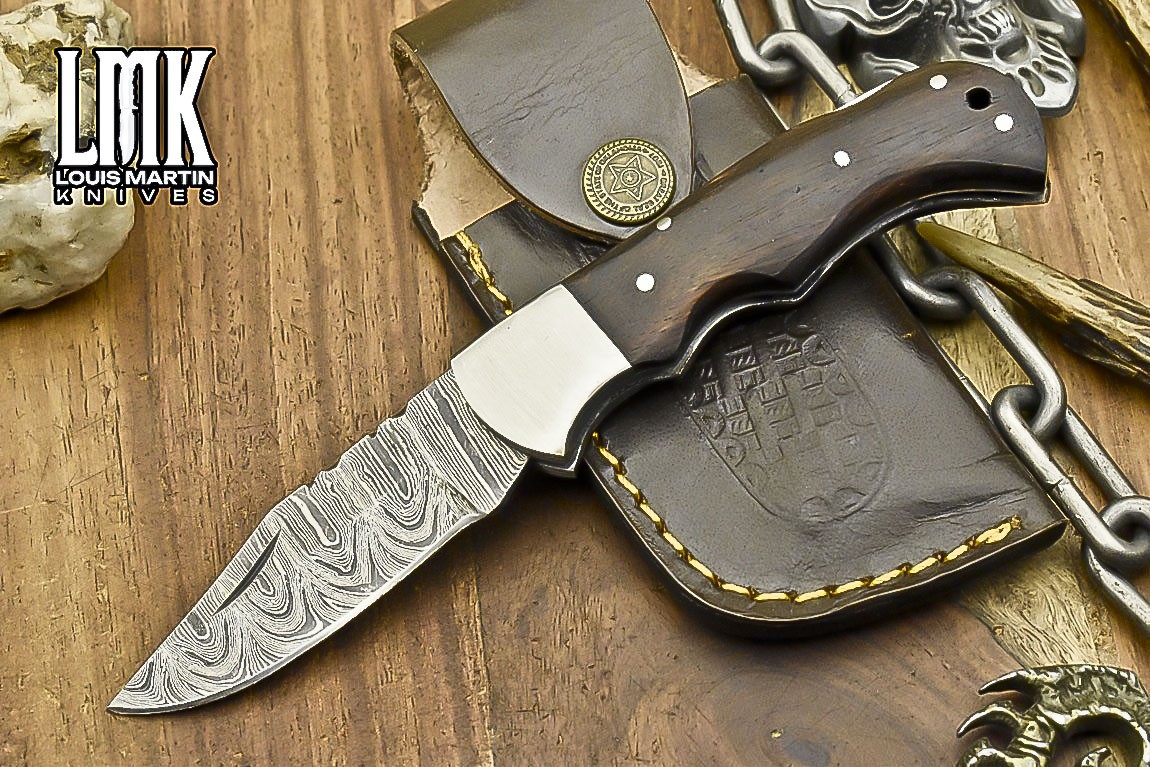 LMK Handmade Twist Damascus Folding Knife Walnut Wood Back Lock EDC