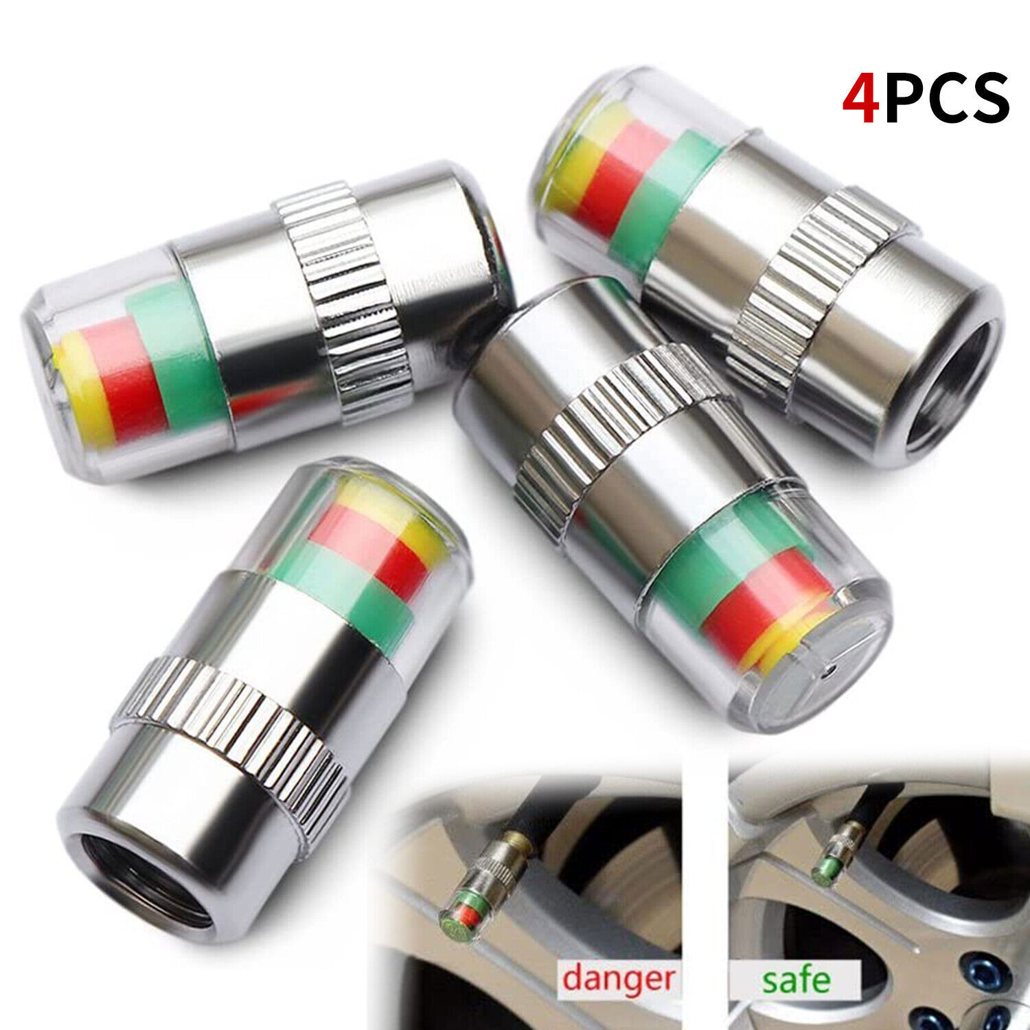 4Pcs Auto Tire Monitor Valve Stems Dust Cap Pressure Indicator Sensor Eye Alert