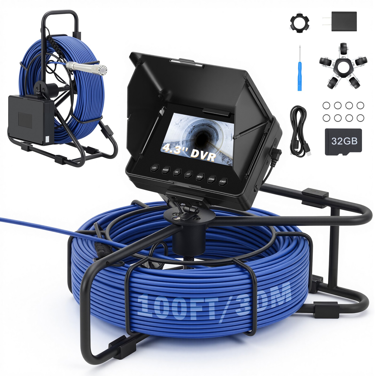 4.3" 30M Sewer Pipe Inspection Camera 23MM Drain Pipeline Meter Counter 32GB HD