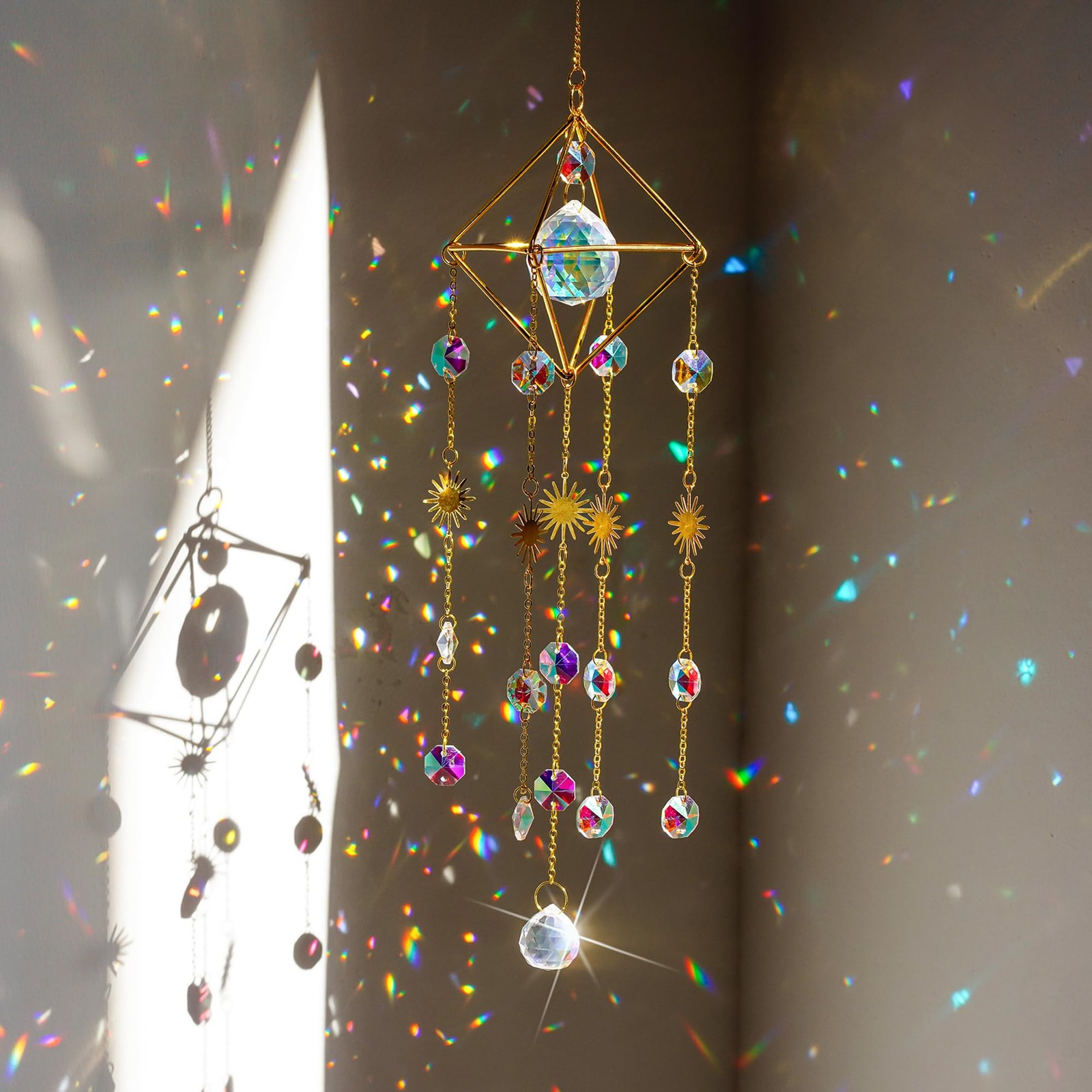 HDCRYSTALGIFTS 17Inch Crystal Prisms Suncatcher for Window Hanging Gold-Plated C