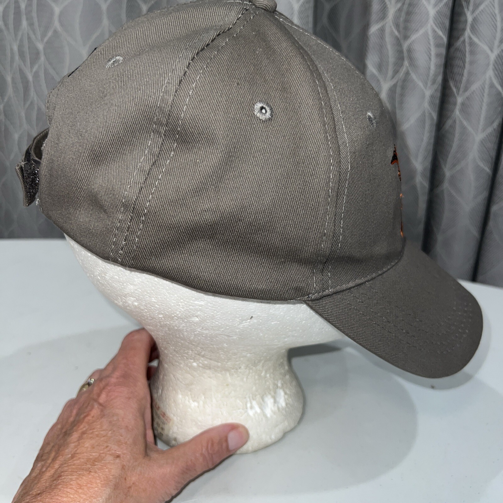 Orange Bird with Gun and NRA on Taupe Hat Cap Hook Loop EUC