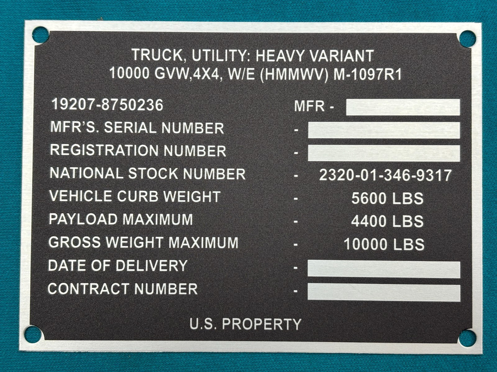 HMMWV Military Data Plate M1097RI US Army USMC  Humvee