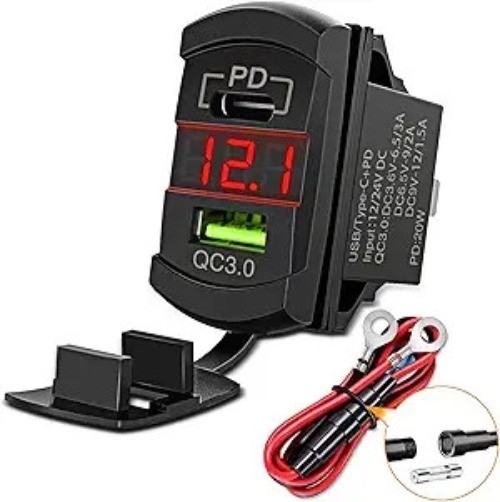 Rocker Switch Style USB Charger Red LED Volt Color: Type C + USB Voltmeter Red