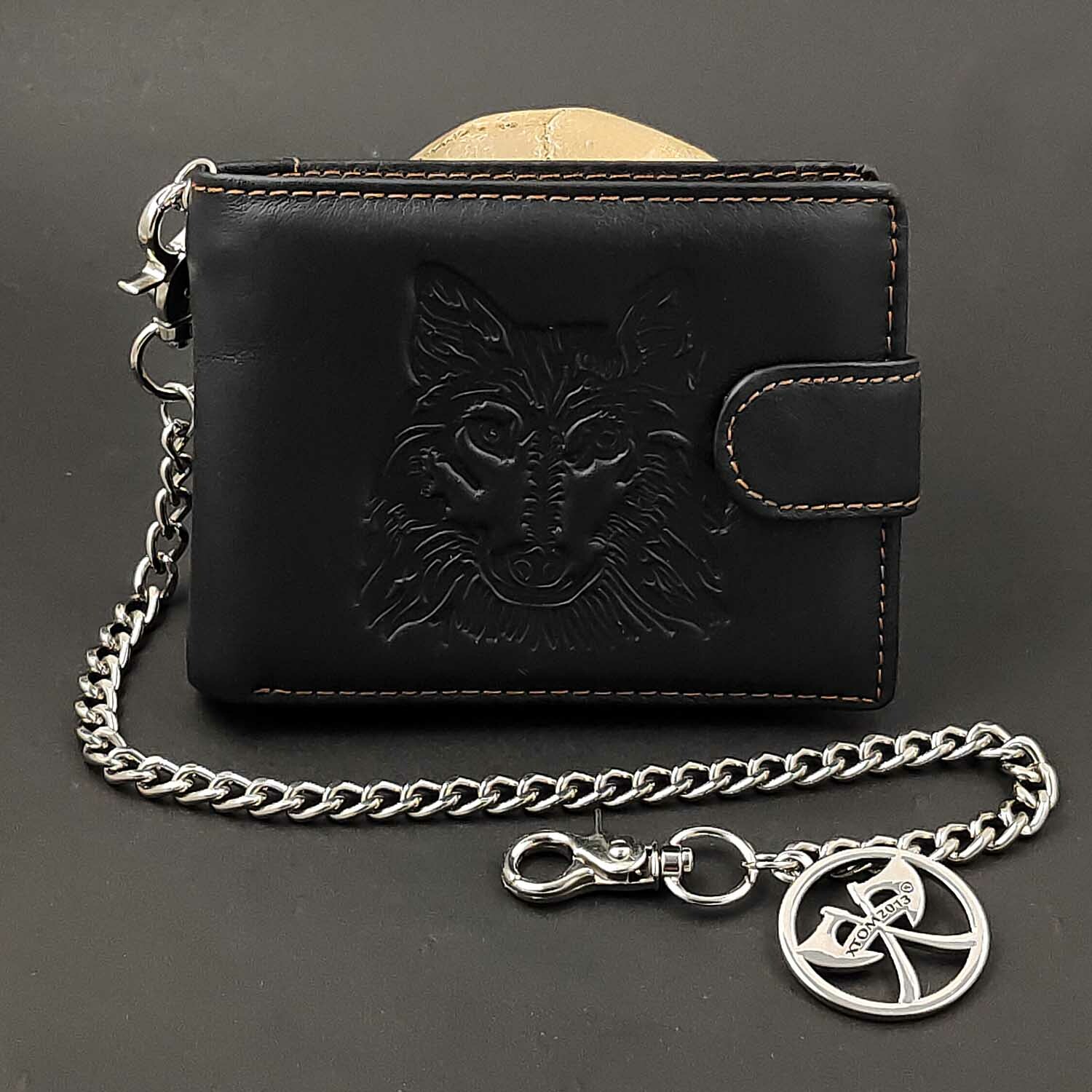 Vintage Wolf Pattern Leather Biker Wallet Jean Key Chain Cash Card Purse For Men