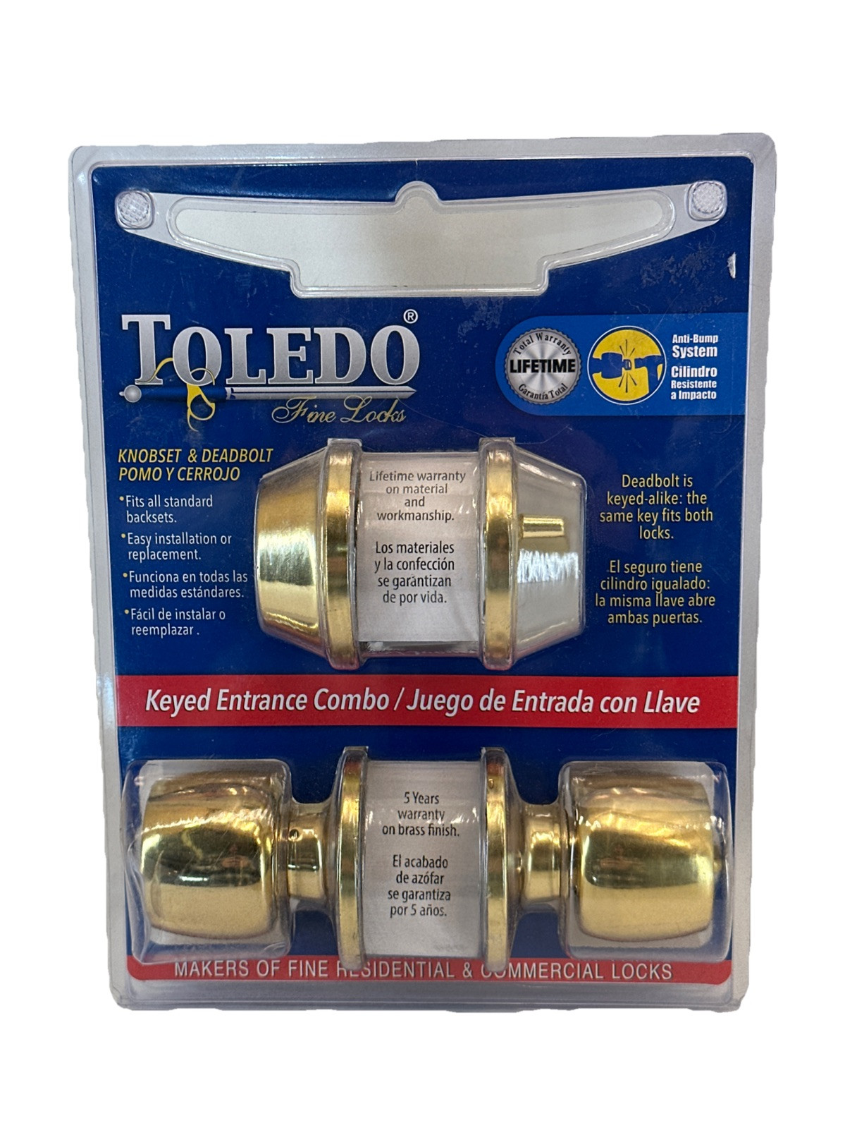 Toledo Entry Door Knob and Deadbolt Combo Set in Polished Brass Single Cylinder