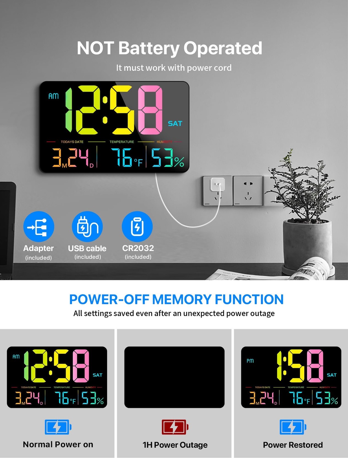 MASHI Digital Clock, 13" Large Display Digital Wall Clock, Adjustable Brightn...
