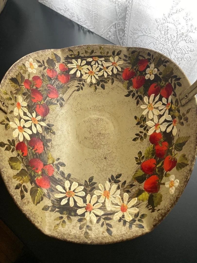 Vintage Toleware Metal Basket with Handle