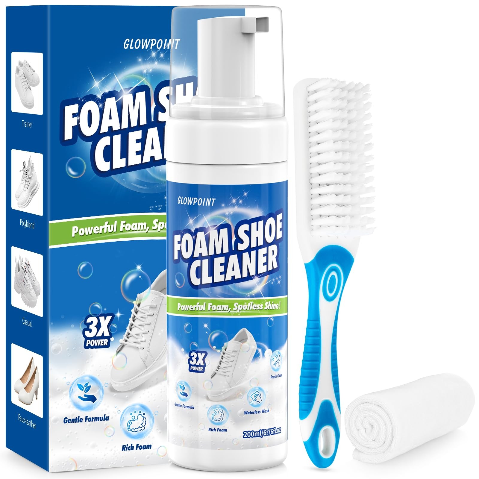 Shoe Cleaner 6.76 Oz White Sneaker Cleaner Foam with Brush & Towel for Tennis