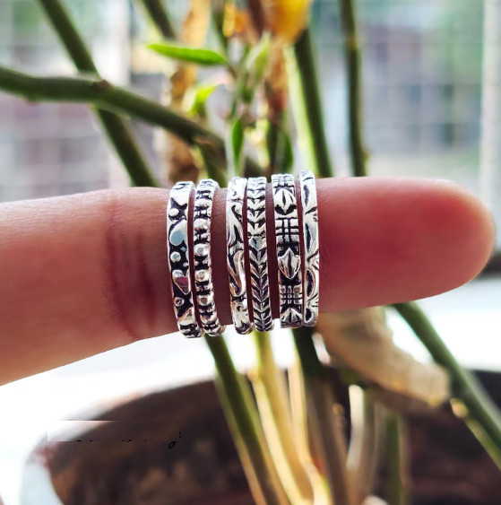Set Of 6 Sterling Silver Stacking Ring, Thin & Thick Boho Ring All Size R359