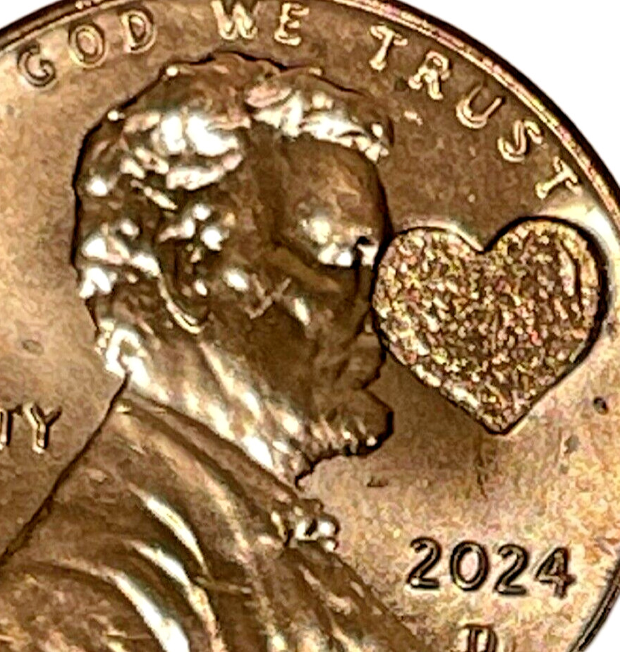 2024 Valentines Day Flat Heart Lincoln Imprint Coin Counter Stamped Pocket Charm