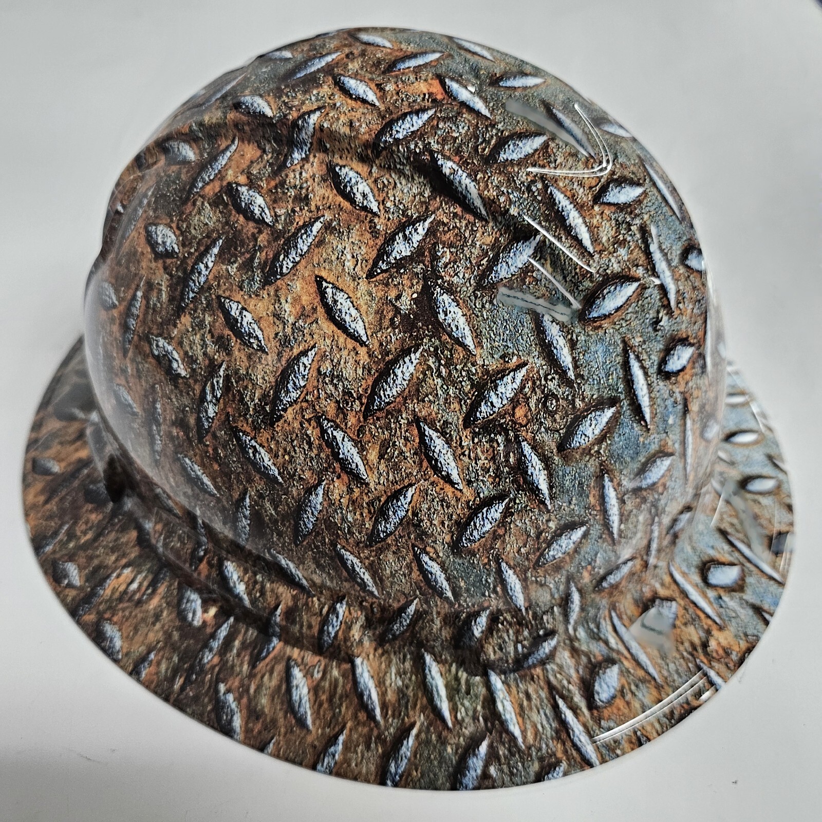 full brim hard hat custom hydro dipped IN REALISTIC DIAMOND PLATE STEEL RUSTY