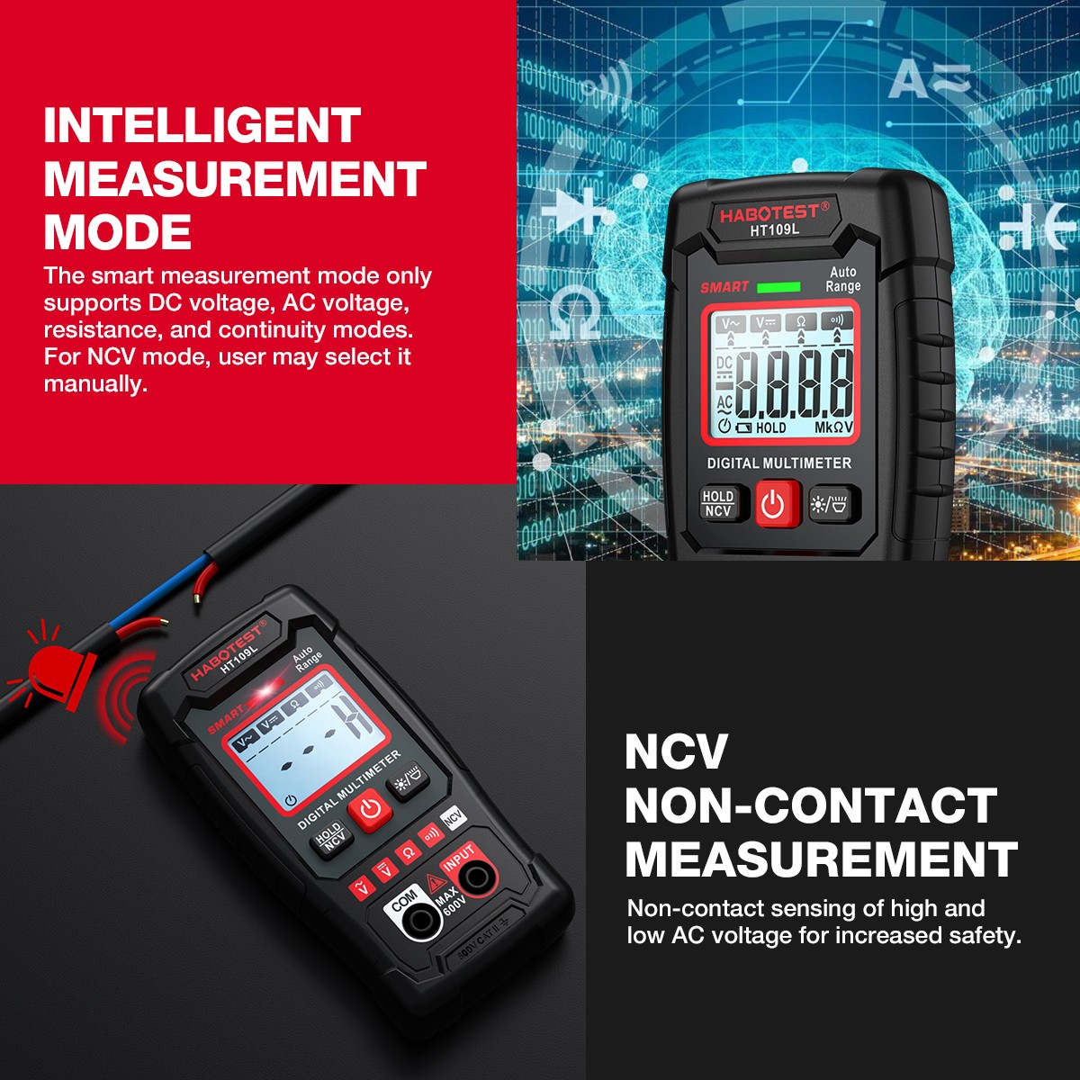 2Pcs HABOTEST HT109L Handheld NCV Digital Multimeter AC DC Voltmeter Ohmmeter
