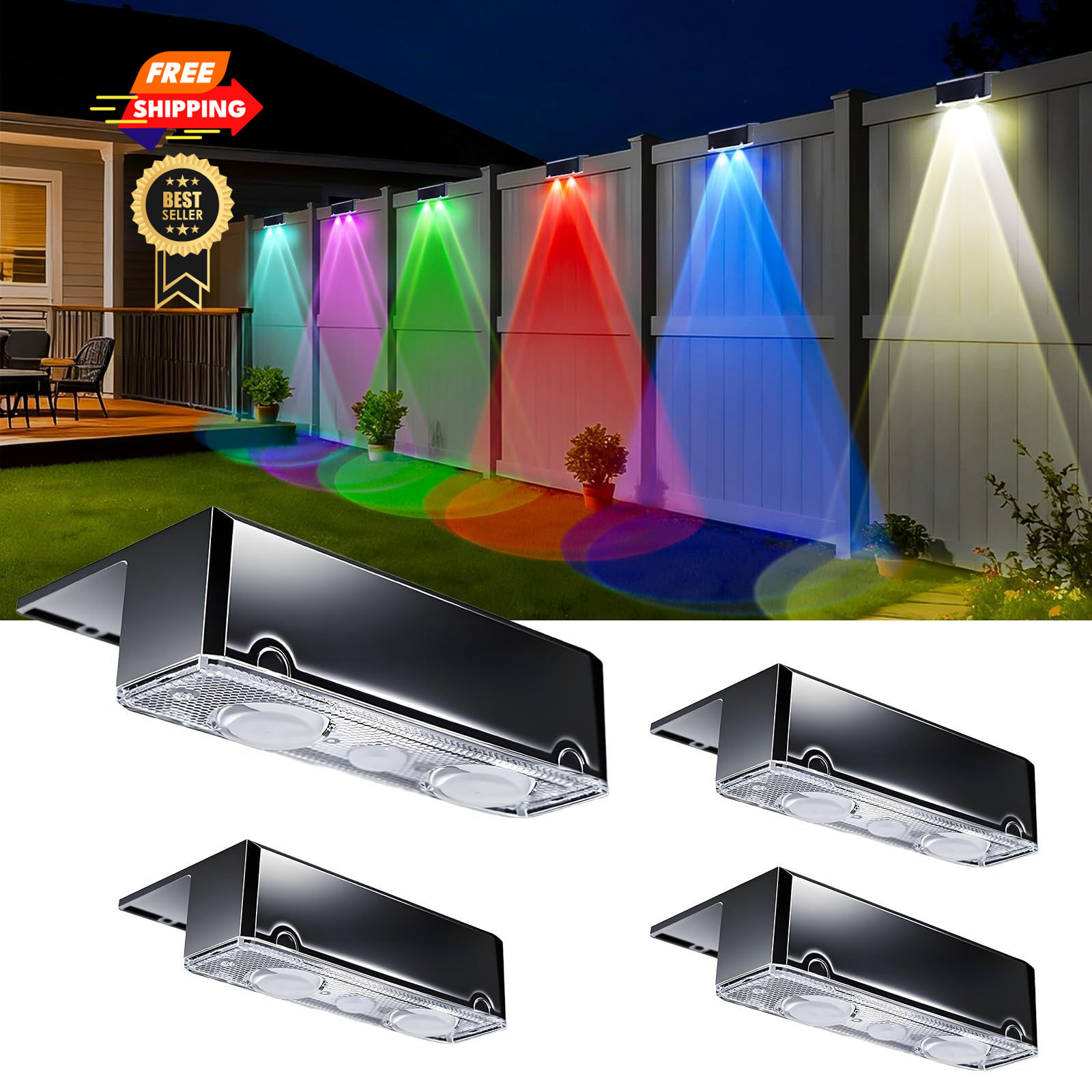 EGOBOO Solar Fence Lights Outdoor, 10 Lighting Modes 4 Pack, Warm White & RGB