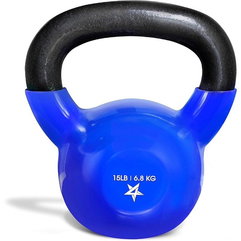 Cast Iron Kettlebell Durable Vinyl Coated Smooth Handle Flat Bottom Stability US