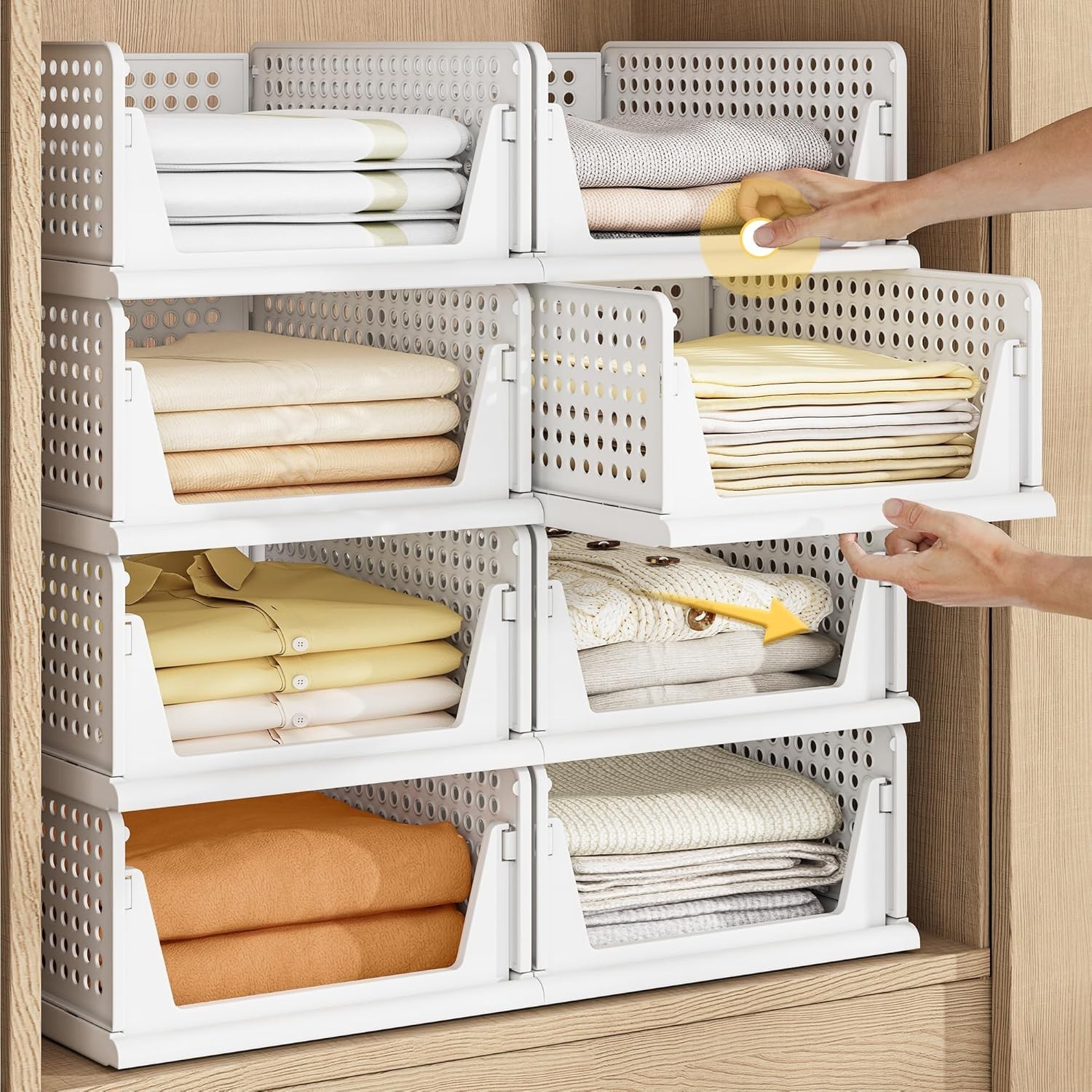 Stackable Plastic Storage Baskets, Foldable Closet Organizer Set of 4 White