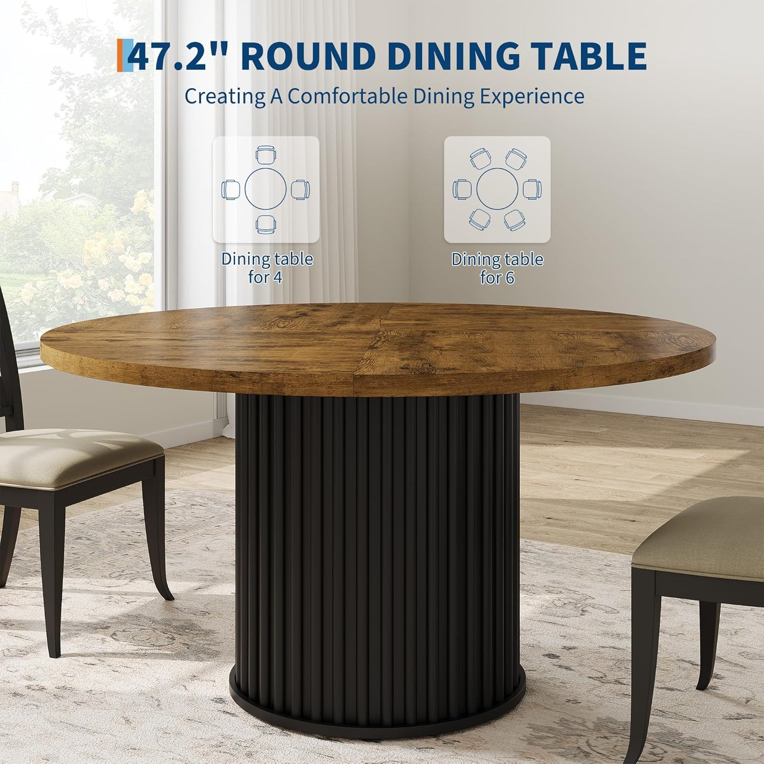 Round Dining Table 47", Wooden Kitchen Table Waveform Metal Base for Apartment
