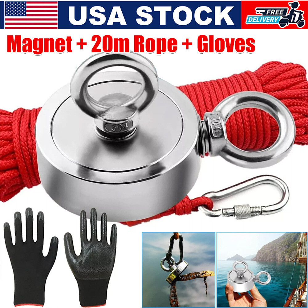 Up to 2000 Lbs Fishing Magnet Kit Pull Force Strong Neodymium + Carabiner + Rope