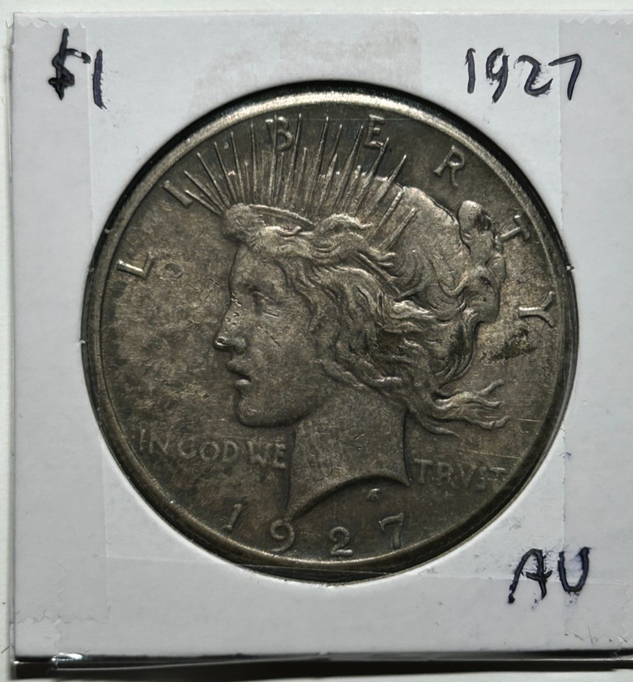 1927 Peace Dollar AU About Uncirculated 90% Silver Nice Old Coin Toned Toning