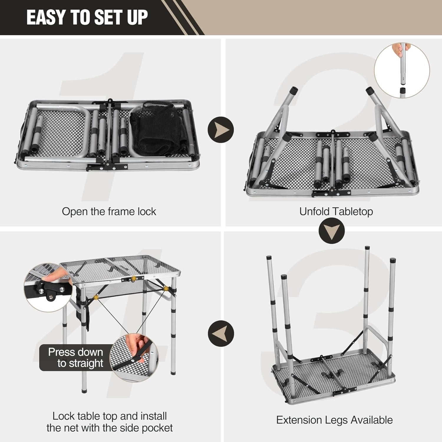 2FT Folding Grill Table Adjustable Portable Metal Camping BBQ Table w/ Mesh Top