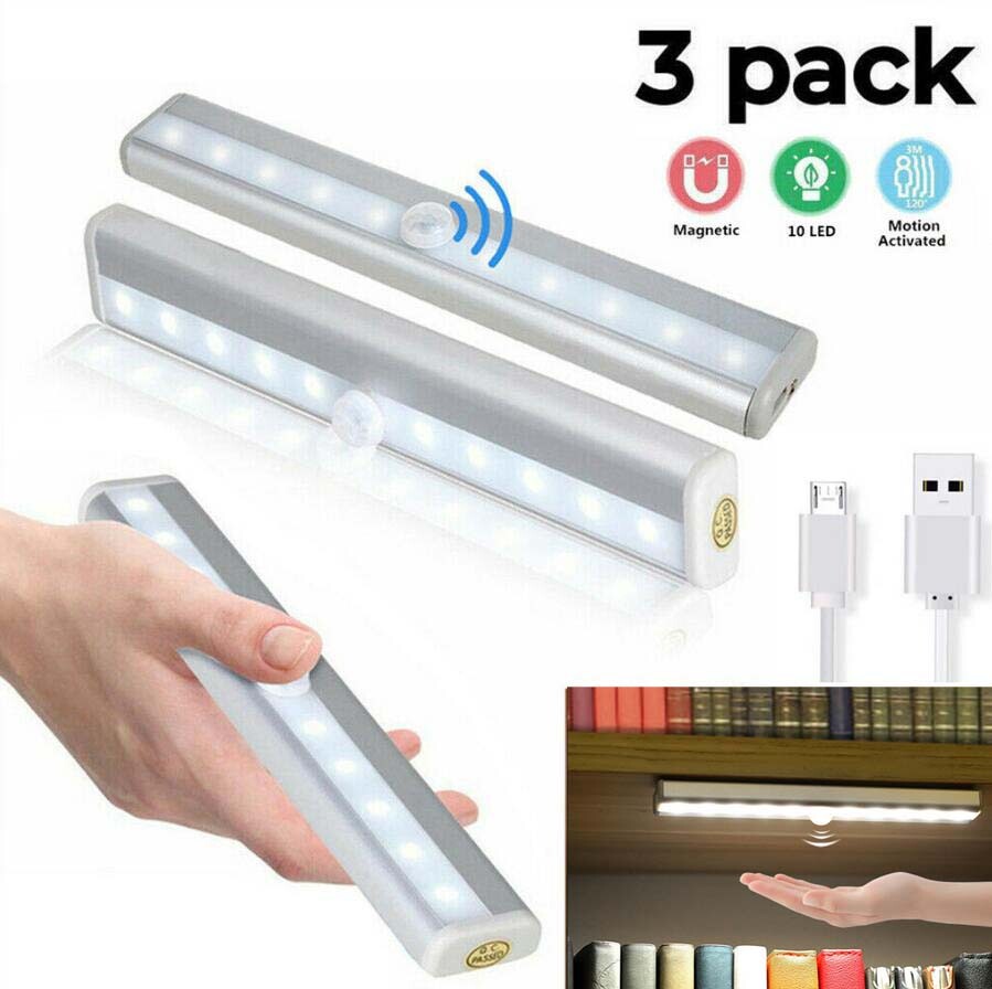 3/6pack 10 LED Motion Sensor Closet Lights USB Under Cabinet Lightening Bar