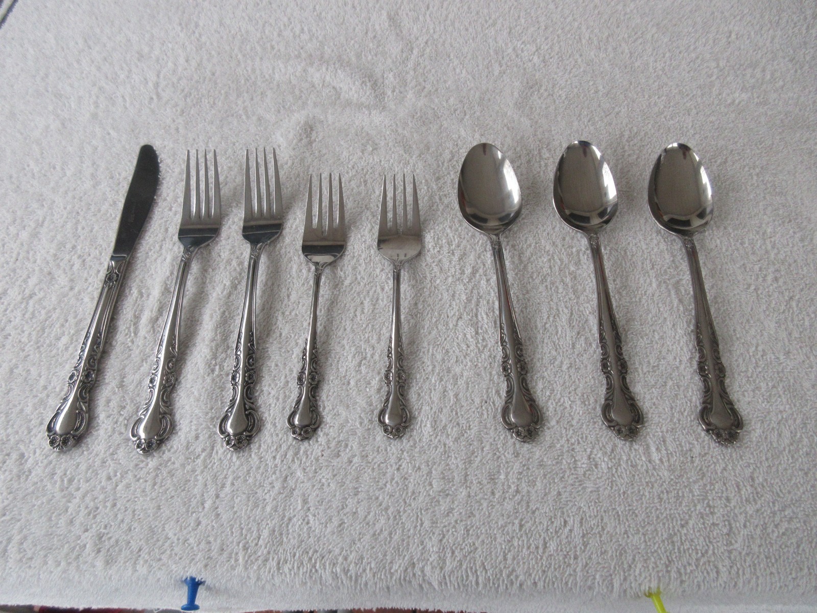 8 PIECE~ [EKCO] ETERNA LANDRA JEANNE JAPAN STAINLESS FLATWARE~~CLEAN!!