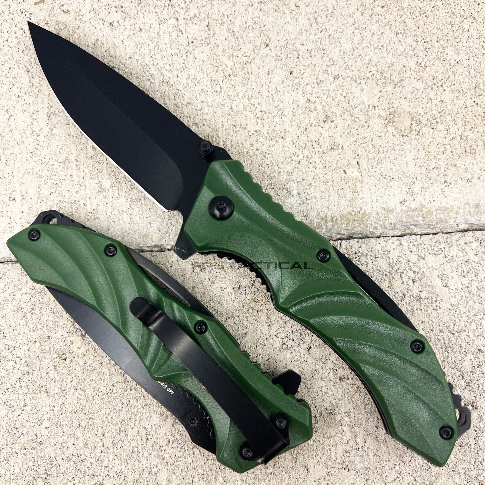 Pacific Solutions Textured Wave Tech Olive Drab Green Black Spring Assist Knife