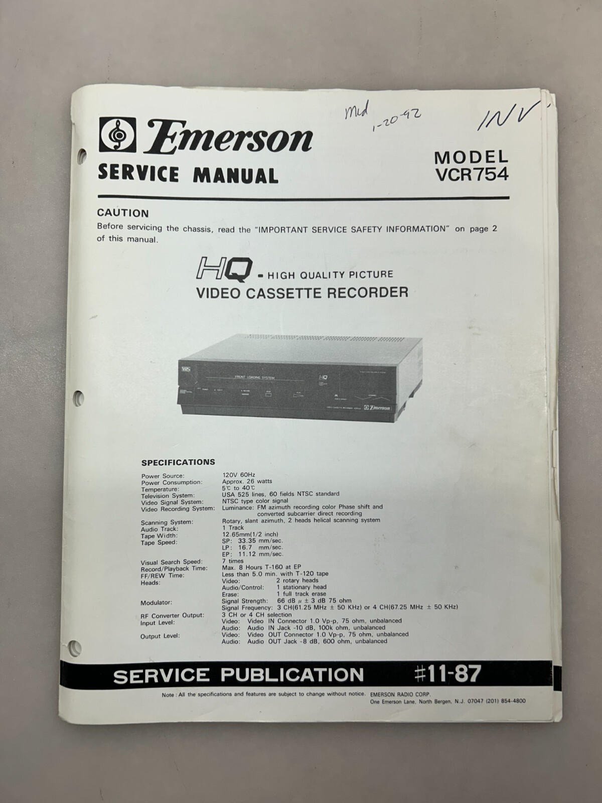 Emerson VCR754 Original Service Manual Free Shipping