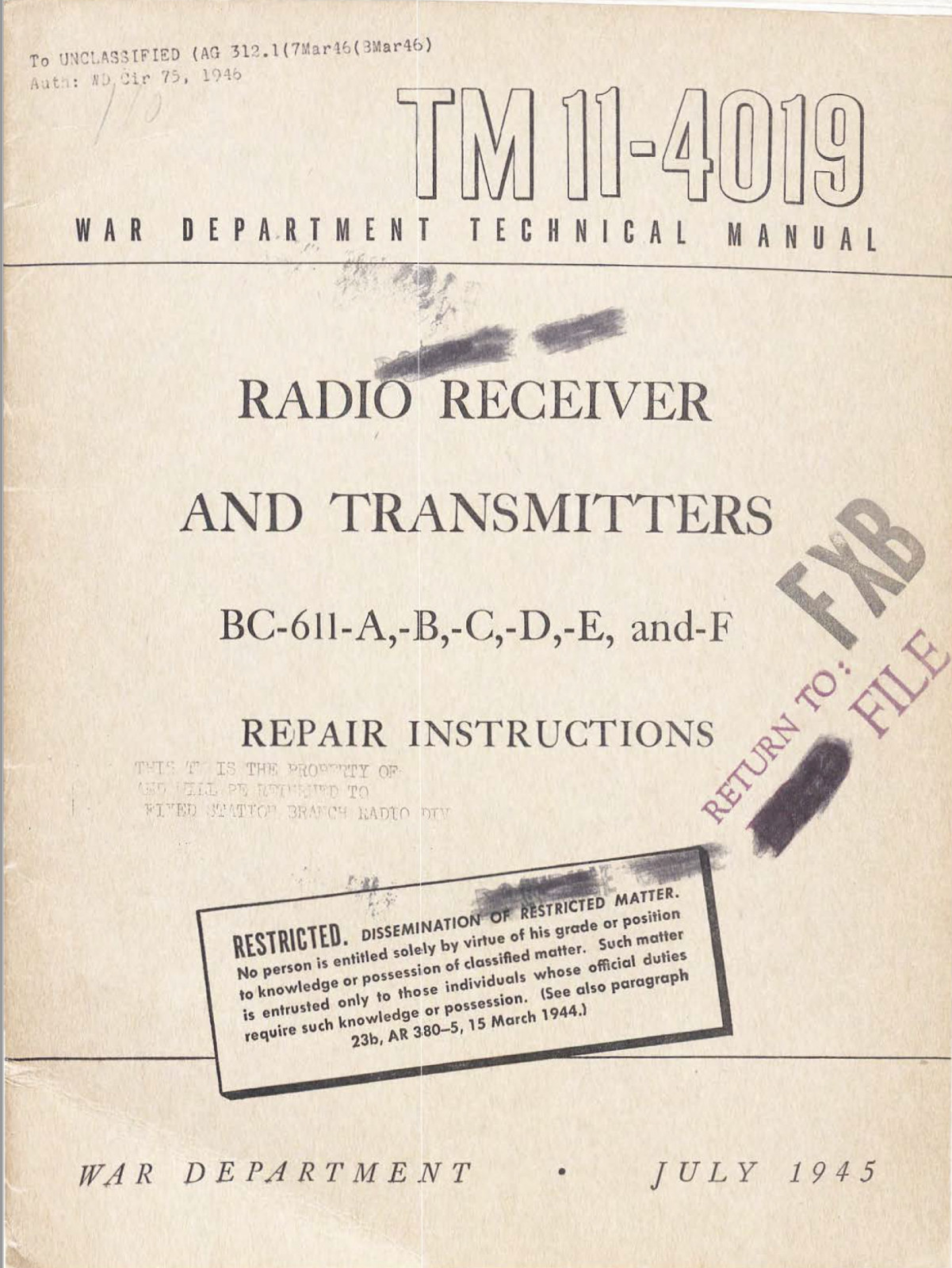 71 Page Jul 1945 TM 11-4019 Radio Receiver BC-611 -A - to -F Repair Manual on CD