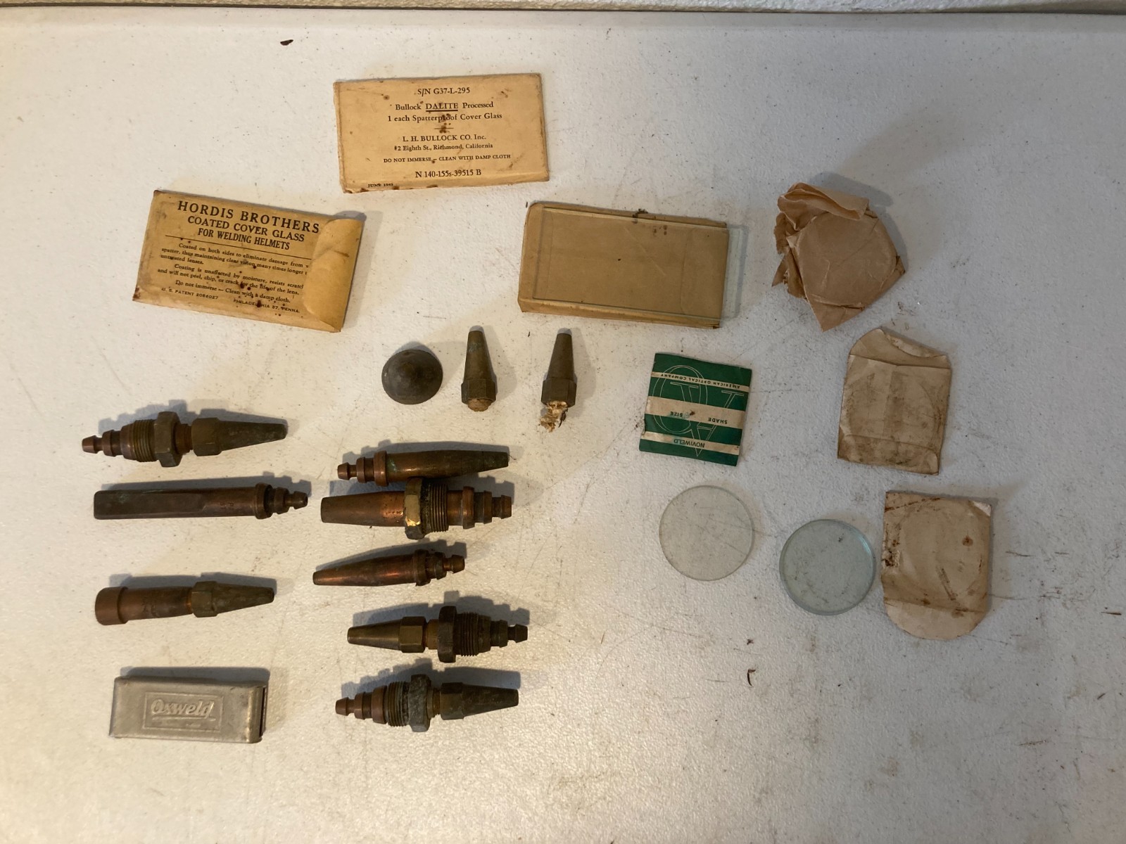 Vintage Oxweld Welding Cutting Torch Tips Hordis Bullock Helmet Cover Glass Lot