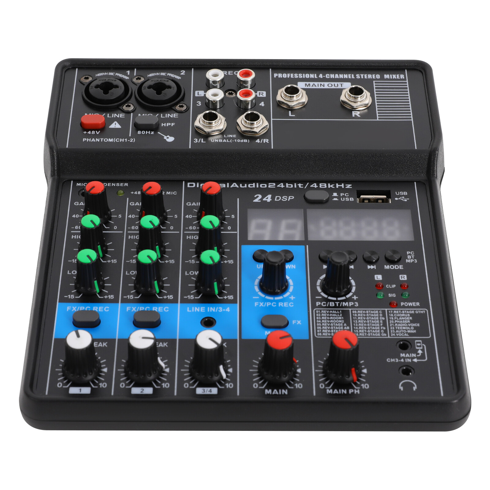 Mini Audio Mixer Bluetooth USB DJ Console 4 Channel Karaoke Live Studio 24 DSP
