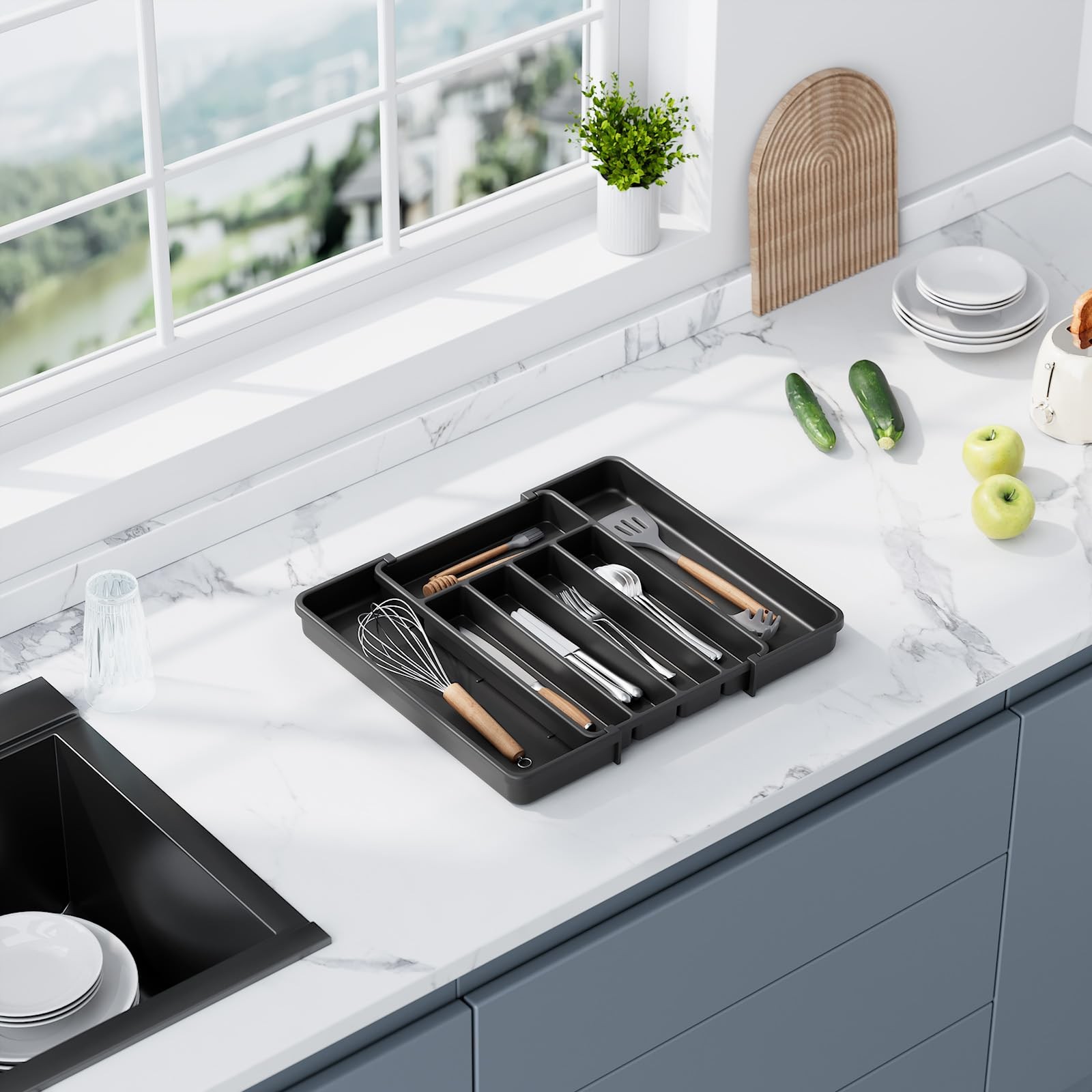 Aujen Silverware Organizer - Expandable Kitchen Drawer Medium, Black