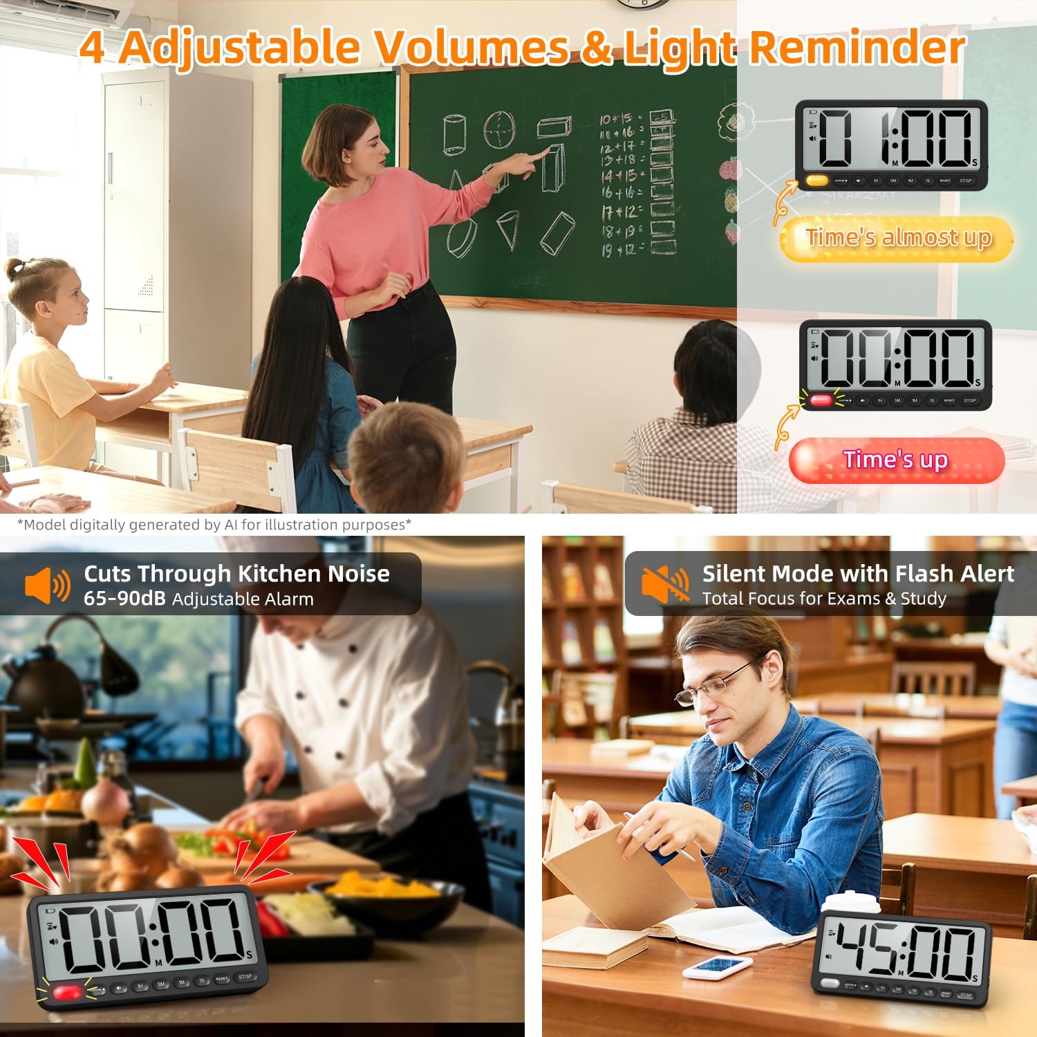 7.6 Inch Large Digital Kitchen Timer 99H Countdown Visual Alert Magnetic Cooking