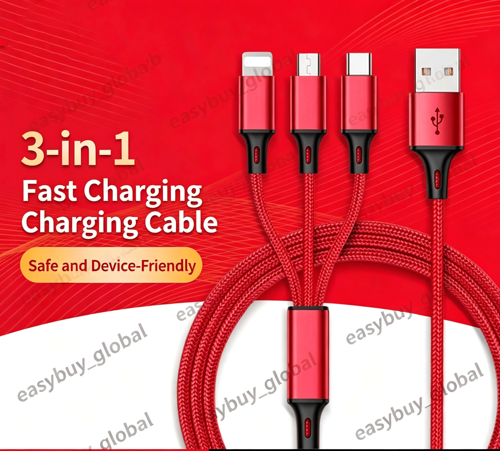 Braided 3-in-1 Multi Fast Charging Cable For iPhone Type-C Android Charger Cable