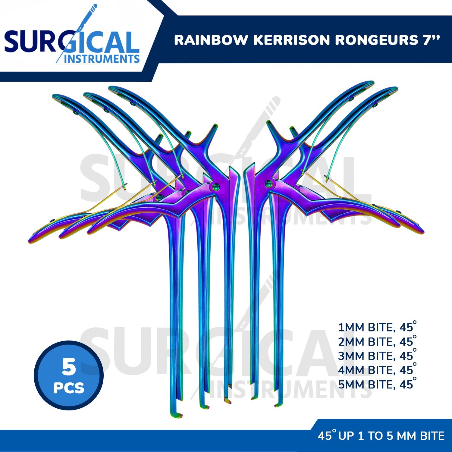 5 Pcs KERRISON Rongeurs 7" 1, 2, 3, 4, 5mm Up 45 Degree Rainbow German Grade