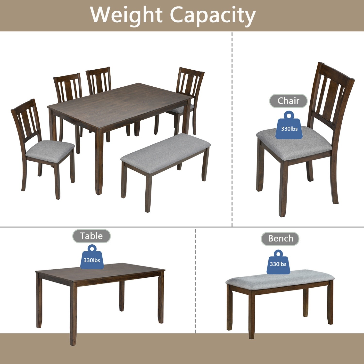 6 Piece Kitchen Dining Set Kitchen Table Wood Dining Table with 4 Chairs & Bench