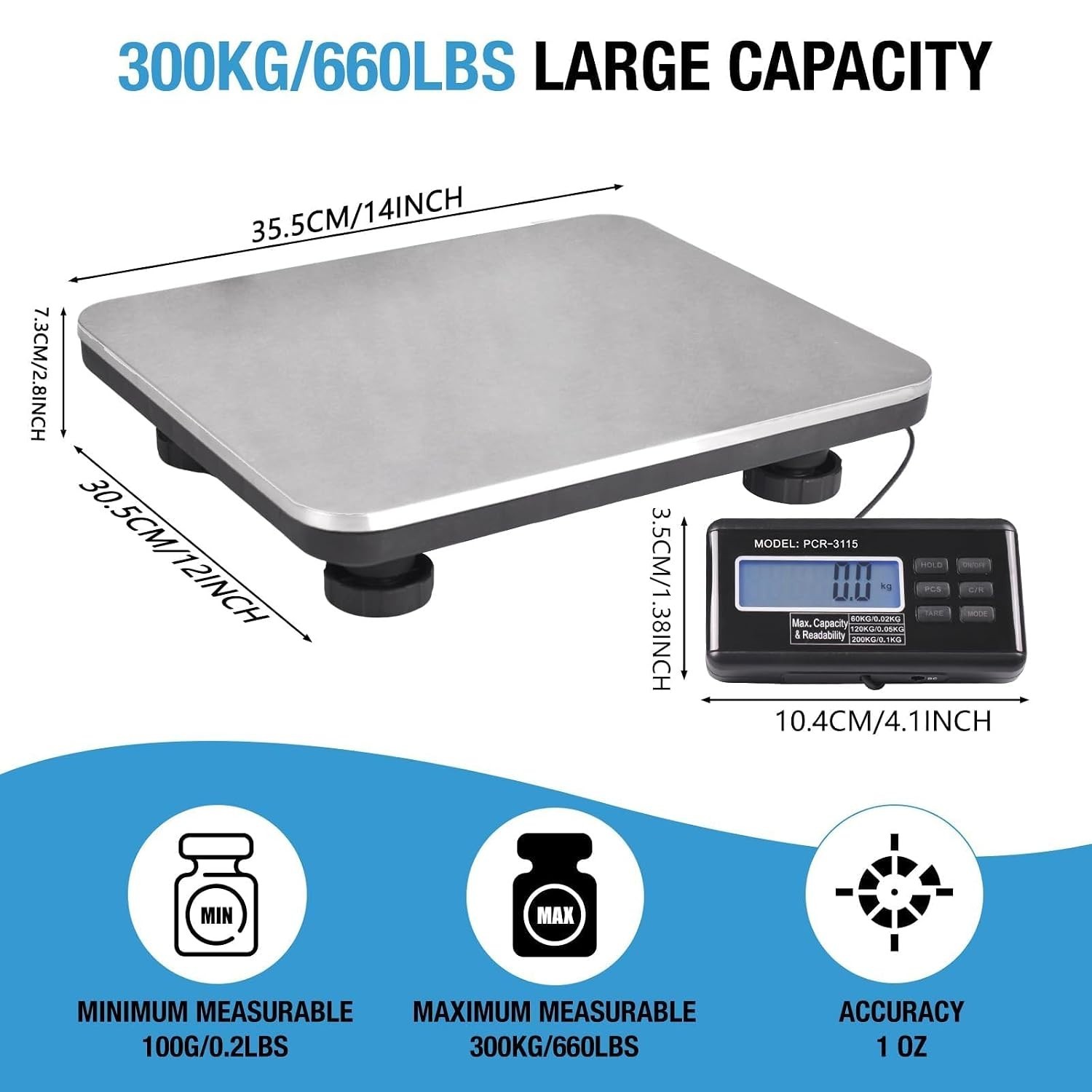 Shipping Scale 660lbs LCD Digital Platform Heavy Duty Portable Stainless Plat...