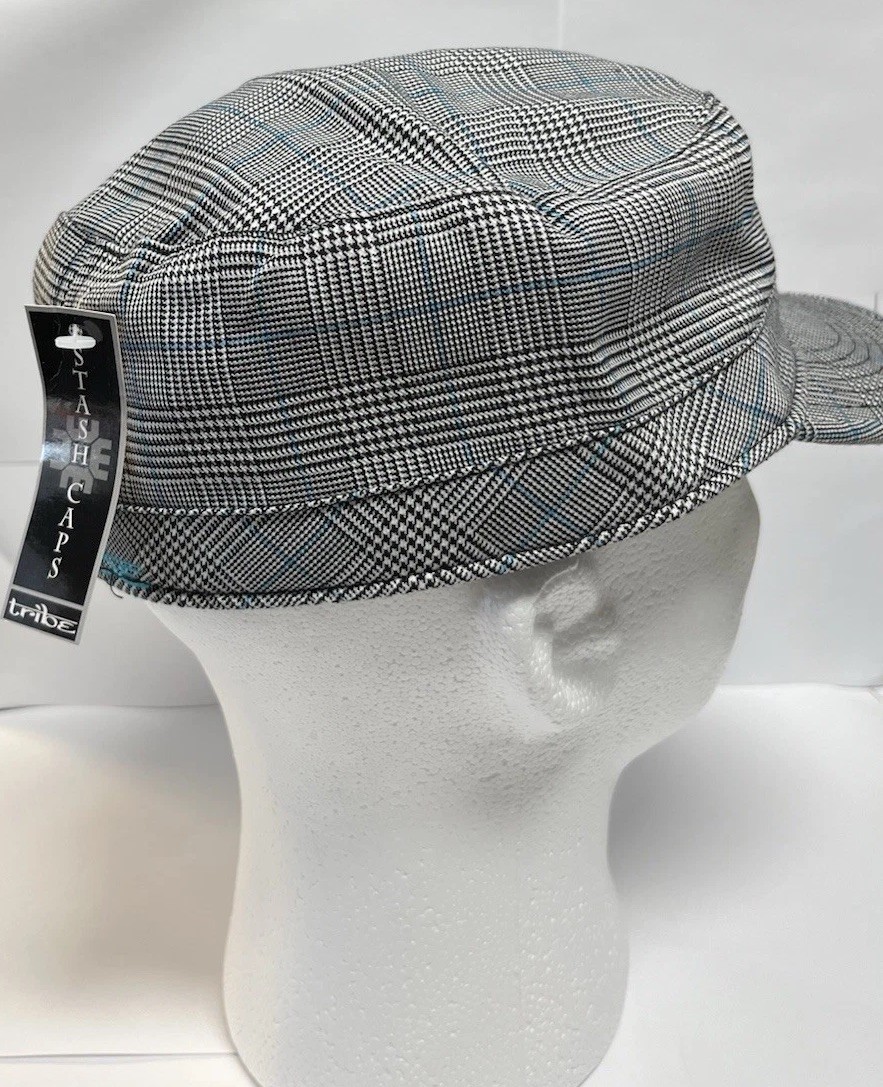 NEW Tribe Headgear Stash Cap Hat Mens Medium Grey Blue Plaid Cadet Hidden Pocket