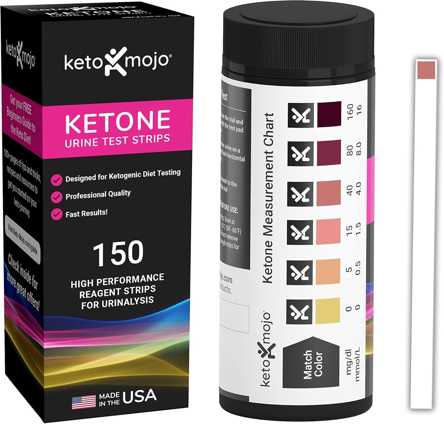 150 Ketone Urine Test Strips, App & Keto Guide eBook Included, Extra-Long