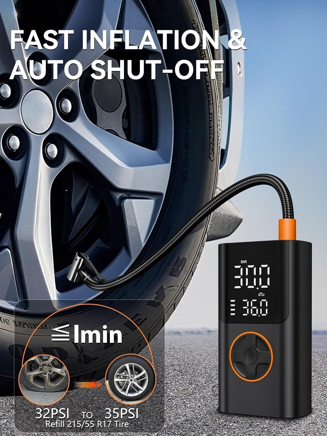 150PSI Portable Tire Inflator & Air Compressor with USB & Auto Shut-Off