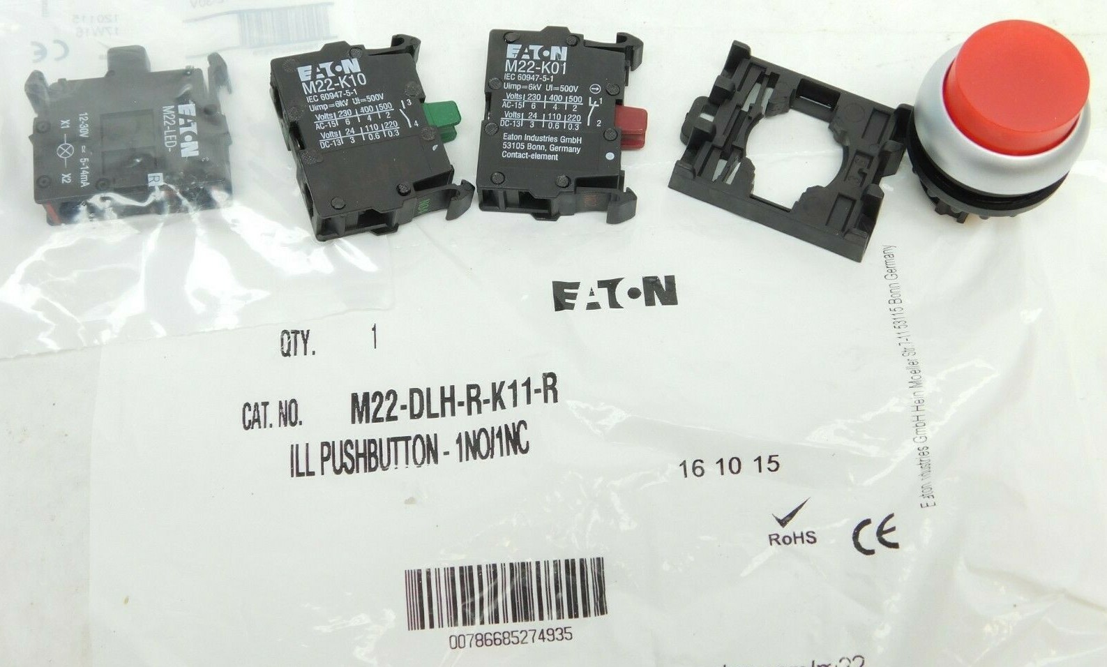 NEW Eaton M22-DLH-R-K11-R-P Pushbutton Red Extended Illuminated LED 12-30V (VN)