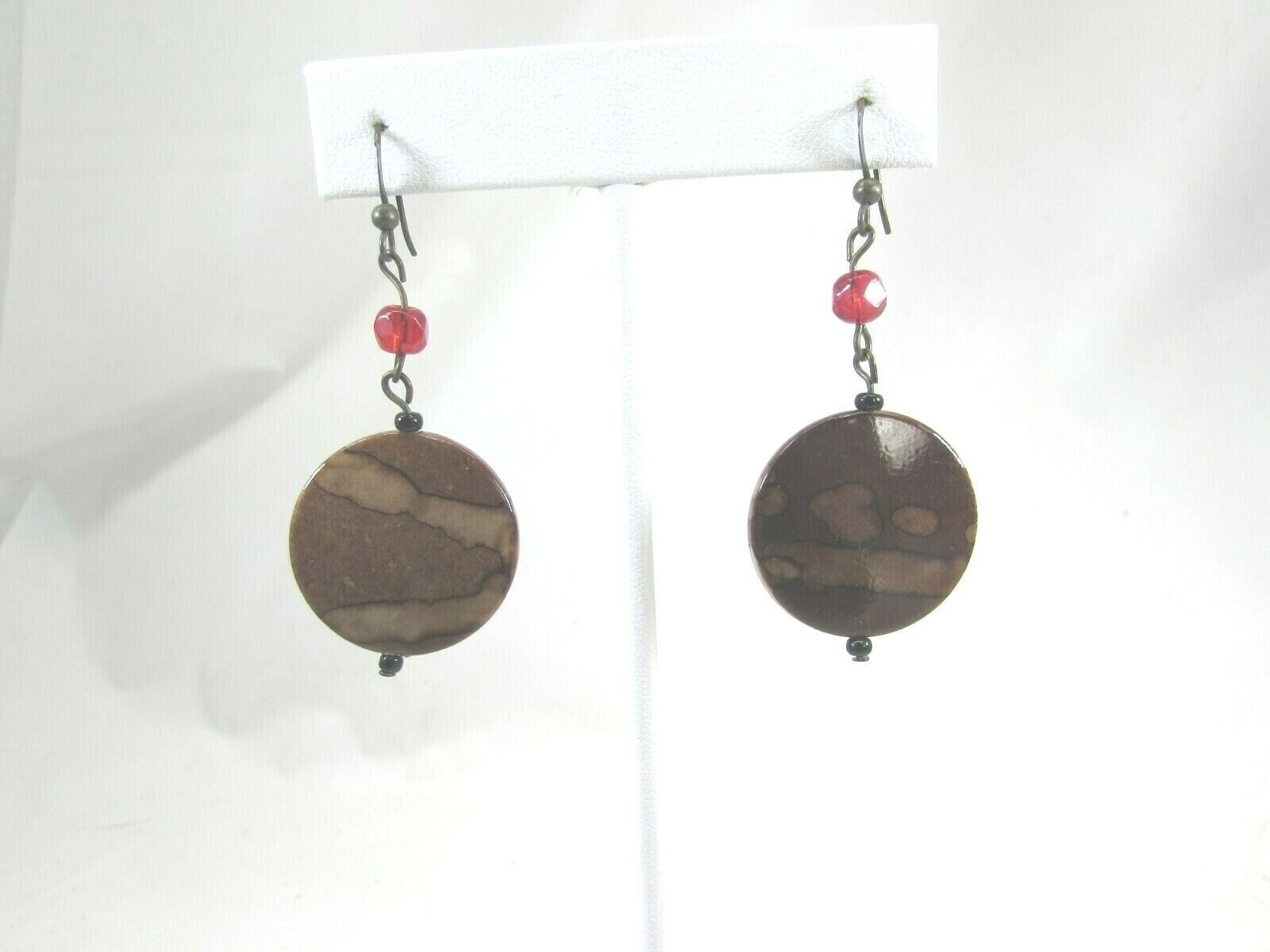 Vintage Brown Red Beaded Drop Dangle Earrings Pierced Hook 50020